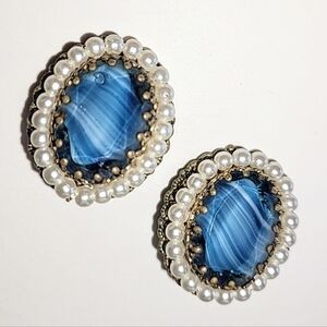 WEST GERMANY BLUE PORPHYRY GLASS CLIP-ON EARRINGS - VINTAGE SIGNED